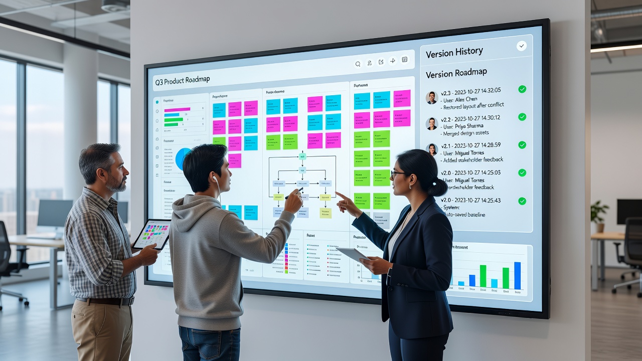 Close-up view of a version history panel showing detailed timestamps, user avatars, and revert options on a shared visual board
